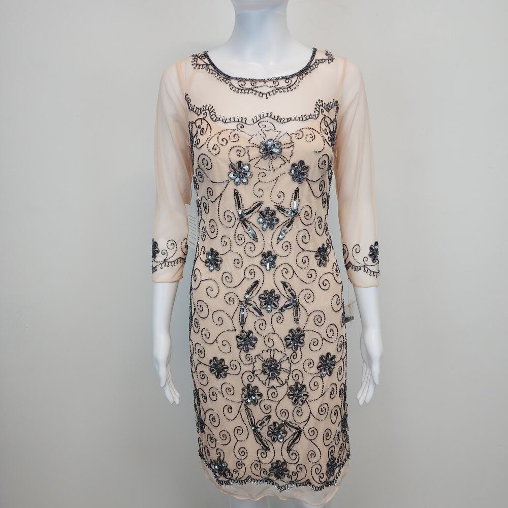 Pisarro Nights Womens Beaded Mesh Dress Size 2 Cream Embellished Roaring 20s